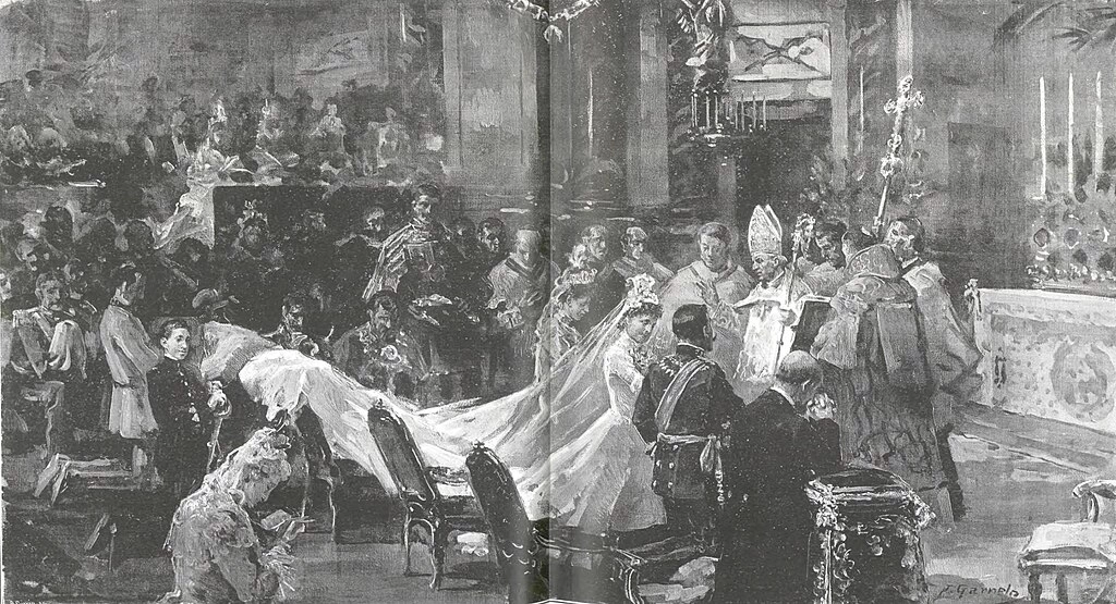 José Garnelo y Alda - Il Principe e la Principessa delle Asturie ricevono la benedizione nuziale nella Cappella Reale